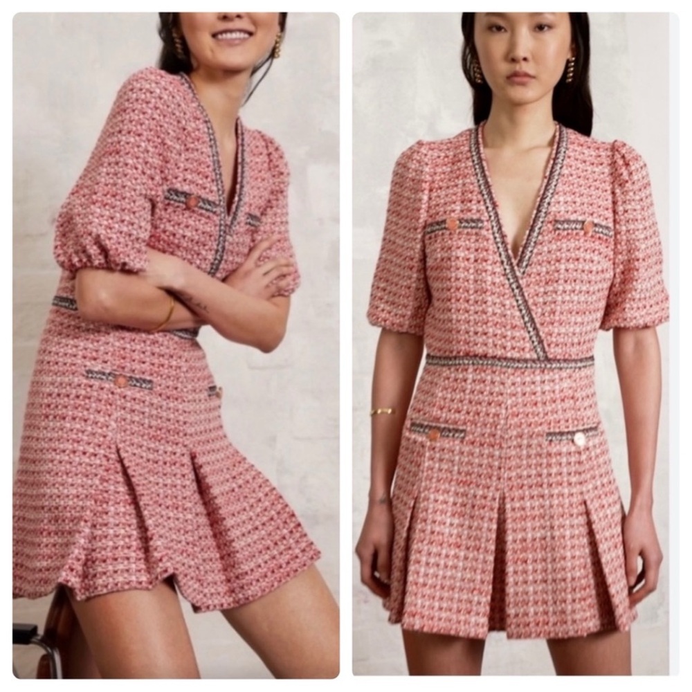 Maje Renetia Red Tweed Puff Sleeve, Pleated Mini Dress Size 40